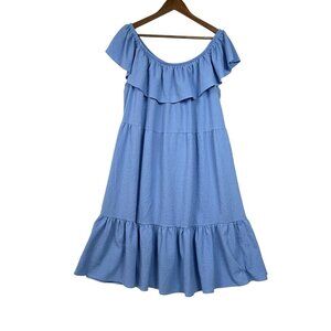 52seven Ruffle Neckline On or Off Shoulder BLUE Midi Sundress Size 1X Stretch